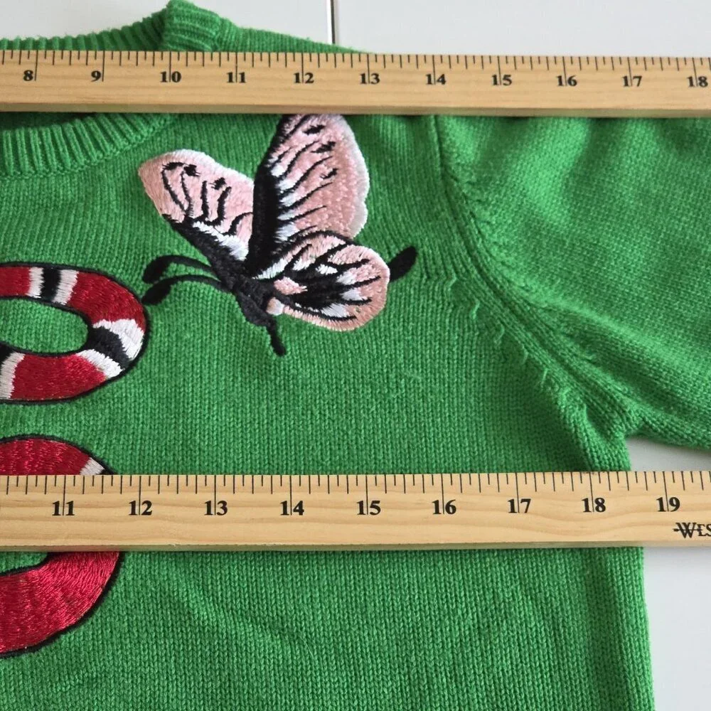 Wengel Cashmere Sweater Womens S Green Snake Butterfly Embroidery LS Preppy Boho
